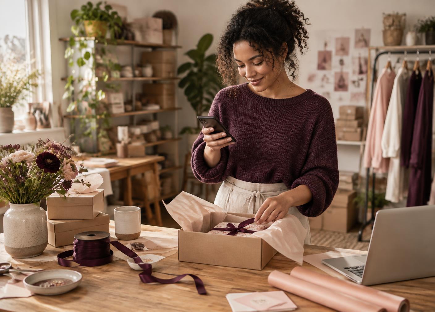 Independent maker packing an online customer order