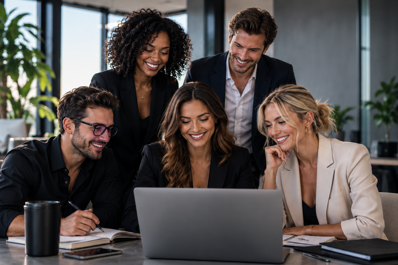 Five entrepreneurs and creators working together around a laptop