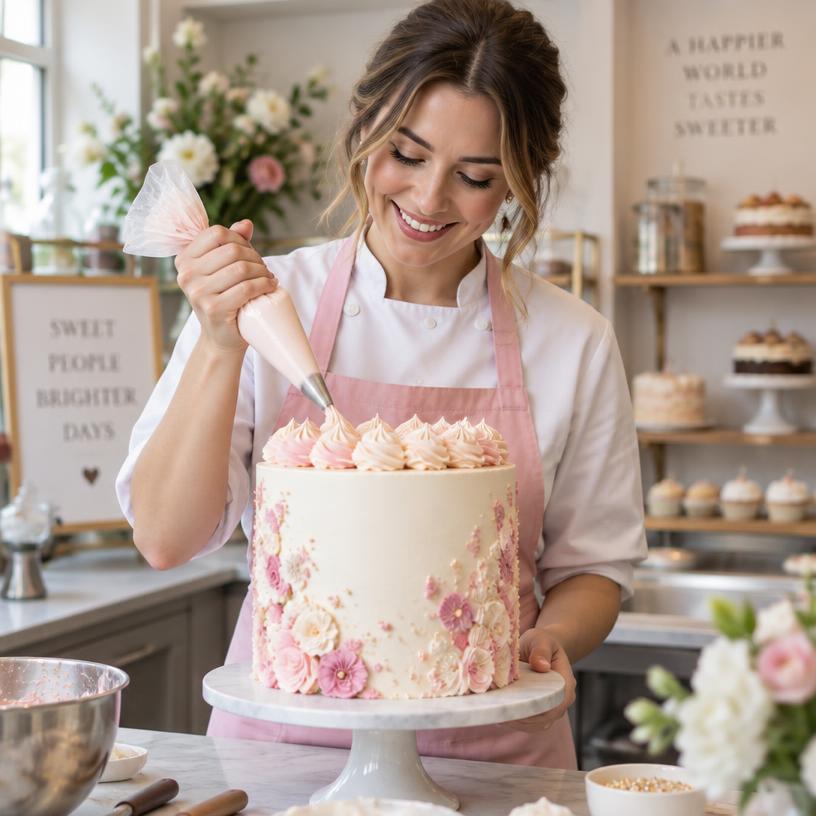 Cake designer decorating a celebration cake in her bakery
