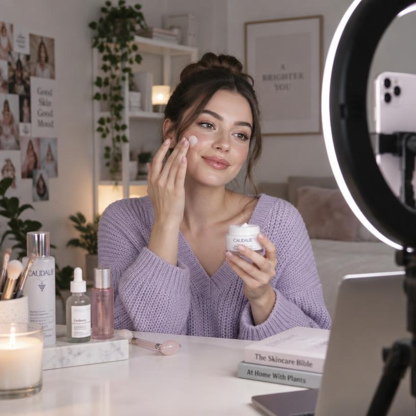 Beauty creator filming a skincare routine at her desk