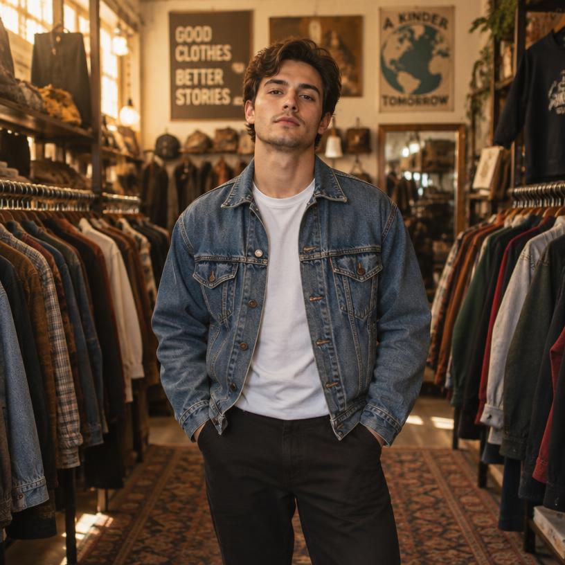 Vintage clothing seller standing in his shop